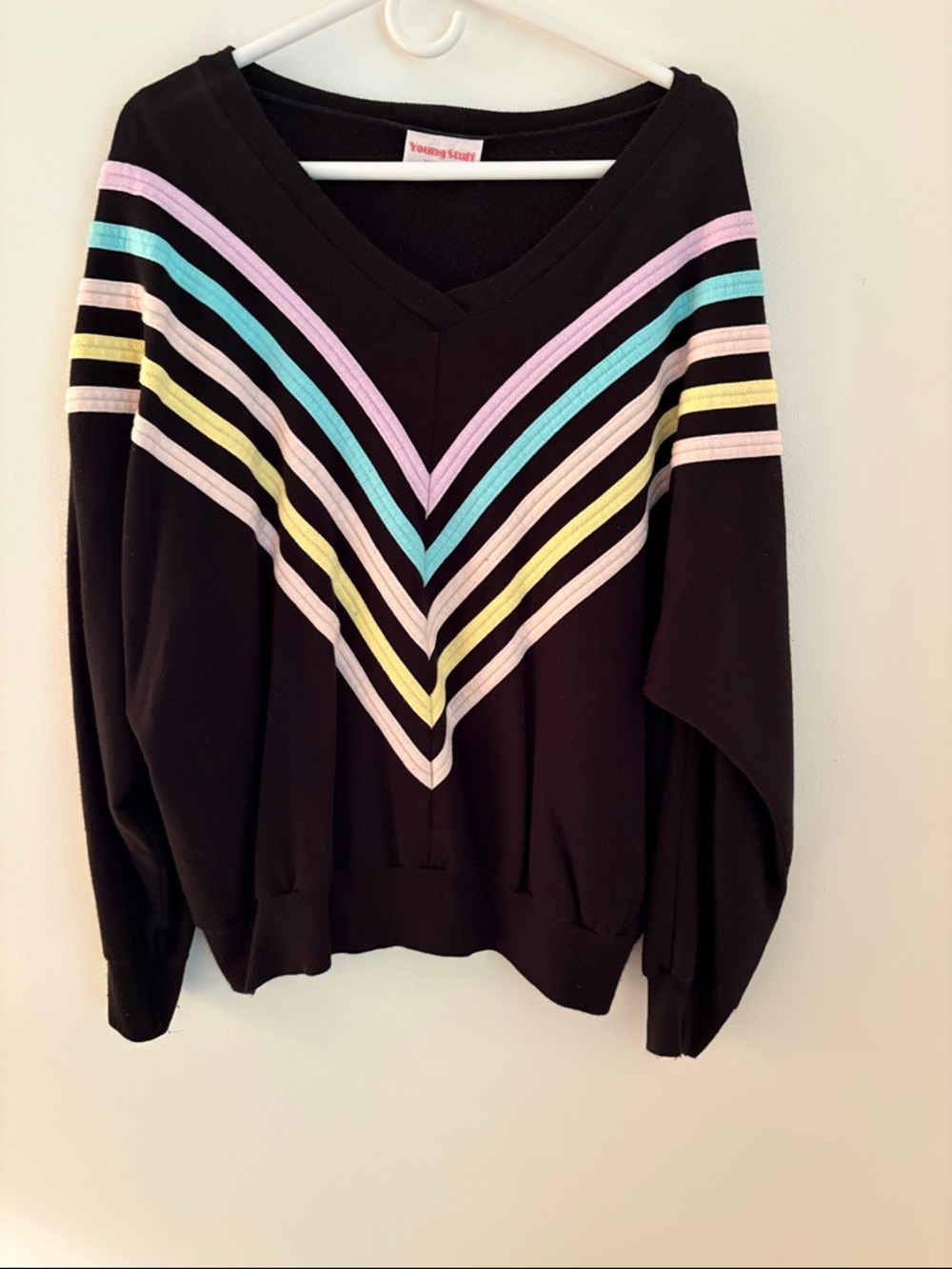 Black V-Neck Chevron Stripe Sweater with Pastel Accents by